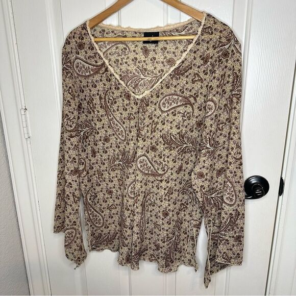 Y2K JKLA Creme Brown Floral Paisley Print Bell Sleeve Long Sleeve Blouse 1X Boho - Picture 1 of 7